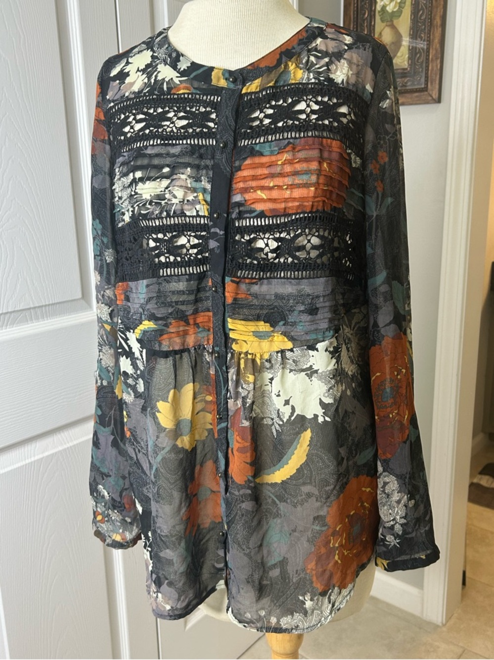 Meadow Rue Sheer Floral Lace Panel Blouse Size S